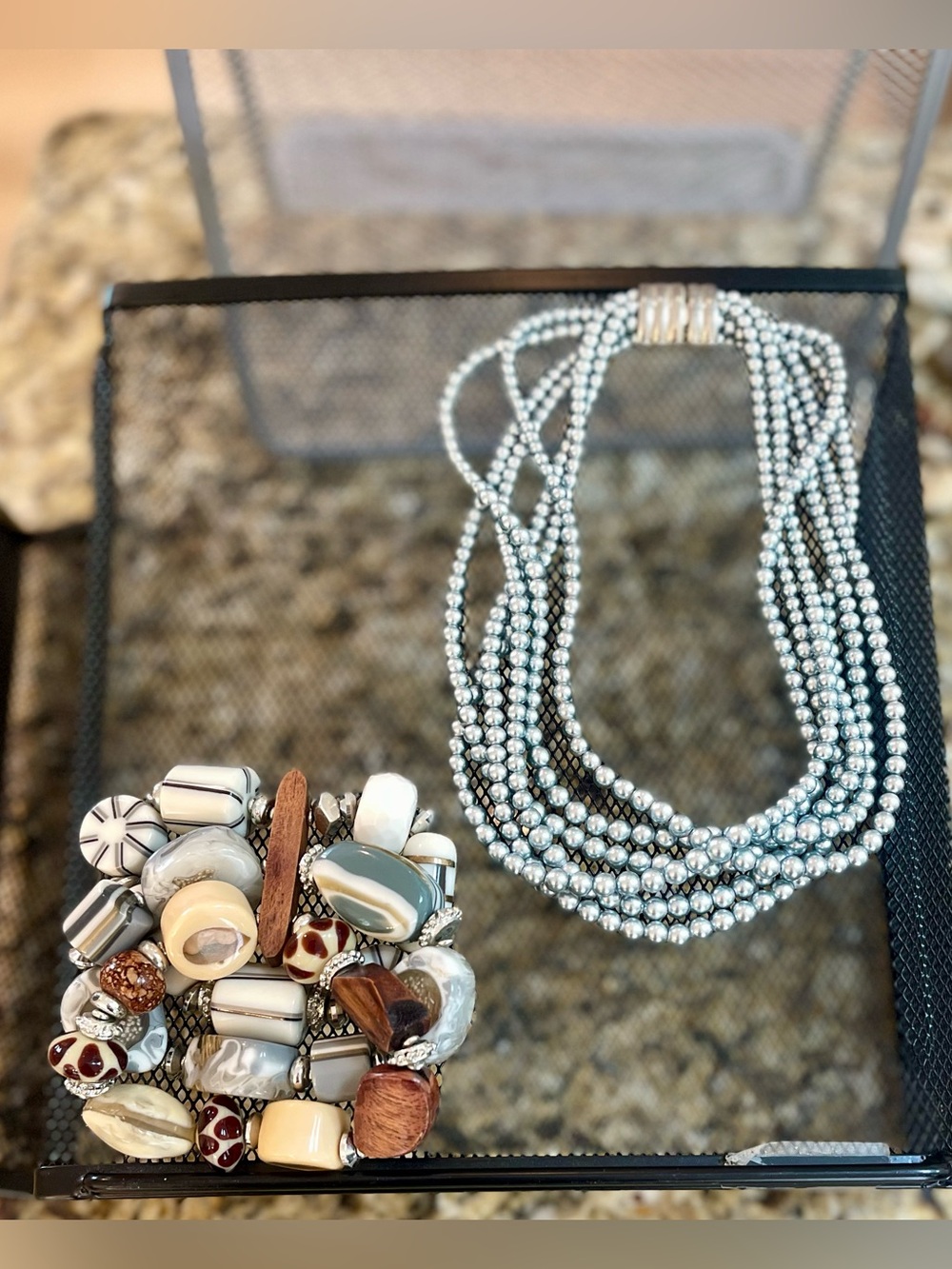 Multi-Strand Silver Pearl Necklace and Neutral Bead Stretch Bracelet Set